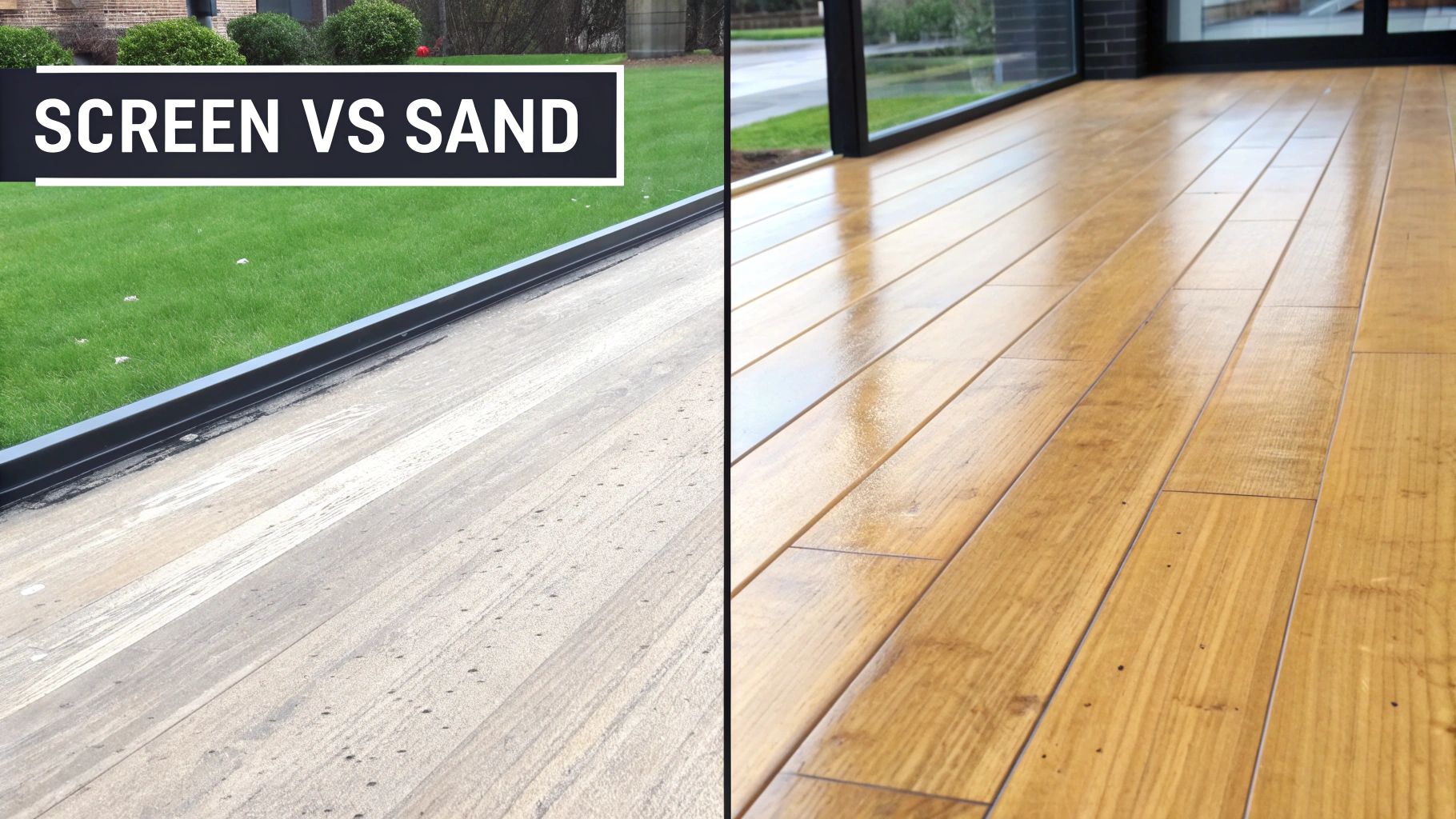 A split image contrasting a sandy outdoor wooden deck with a shiny, clean indoor wood floor.