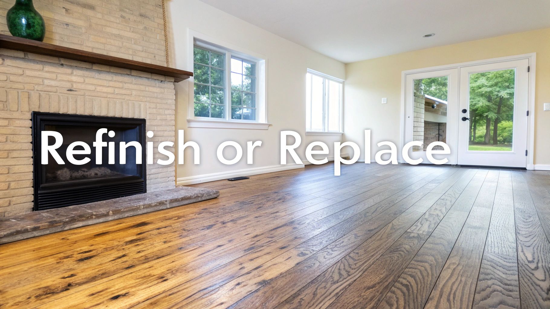 A living room featuring a brick fireplace and contrasting hardwood floors, posing the question to refinish or replace.