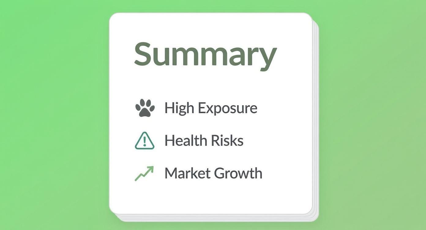 A summary card titled 'Summary' with a bulleted list of high exposure, health risks, and market growth.