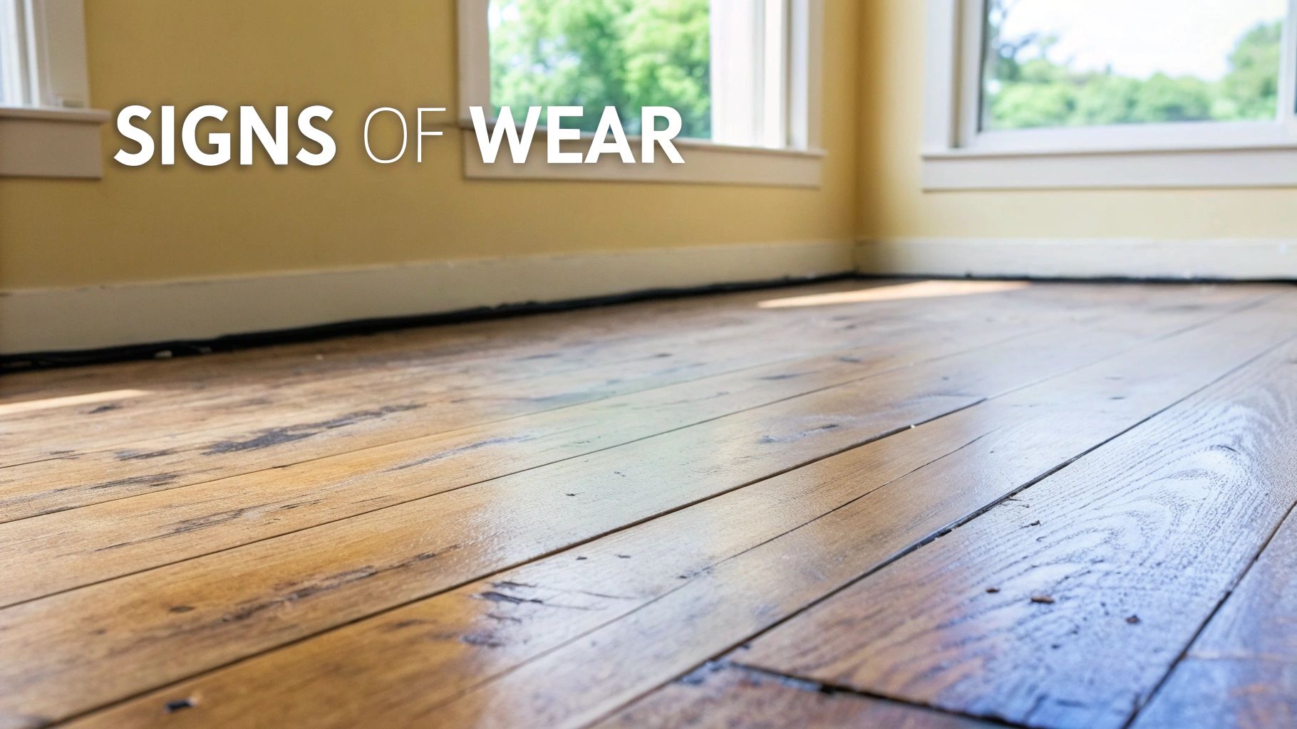 Worn wooden floorboards in a room with yellow walls and windows, showing signs of damage.