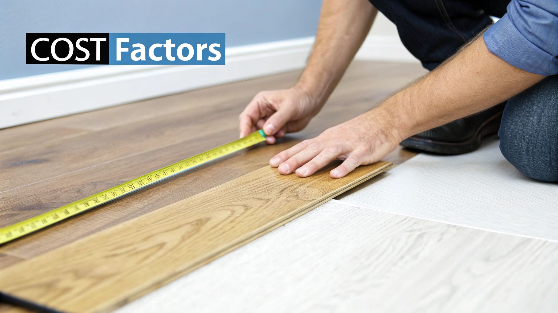 A man kneels to measure a wooden floor plank with a tape measure during flooring installation.