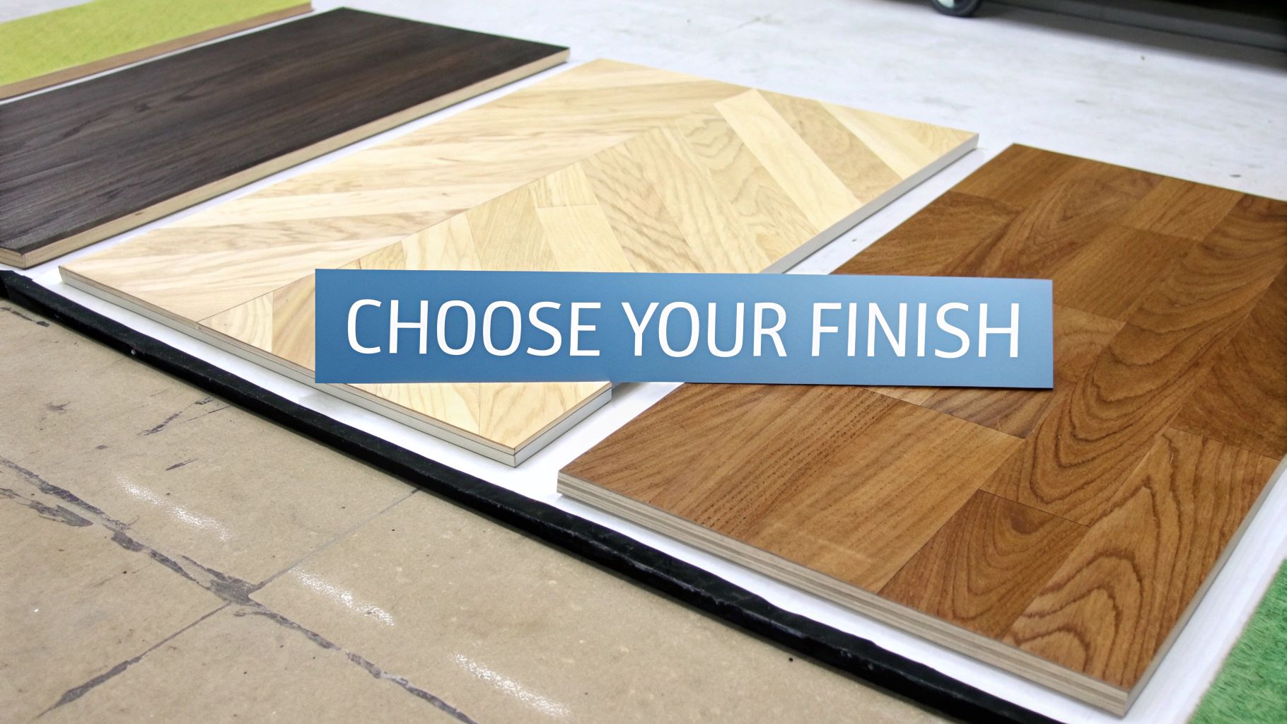 Multiple wood and laminate flooring samples in various colors and patterns with a 'Choose Your Finish' banner.
