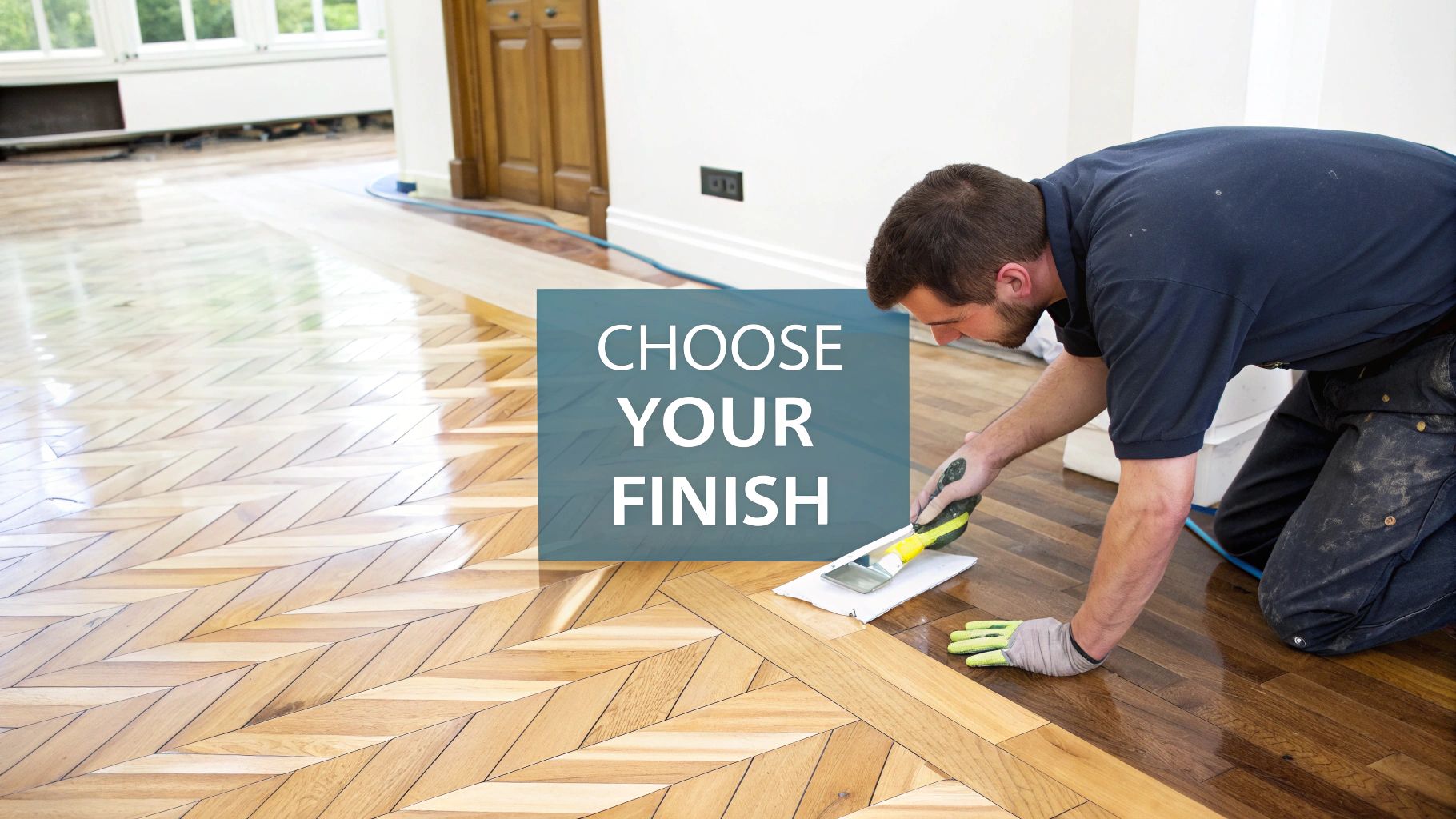 A sample of different wood floor finishes being applied to a parquet floor.
