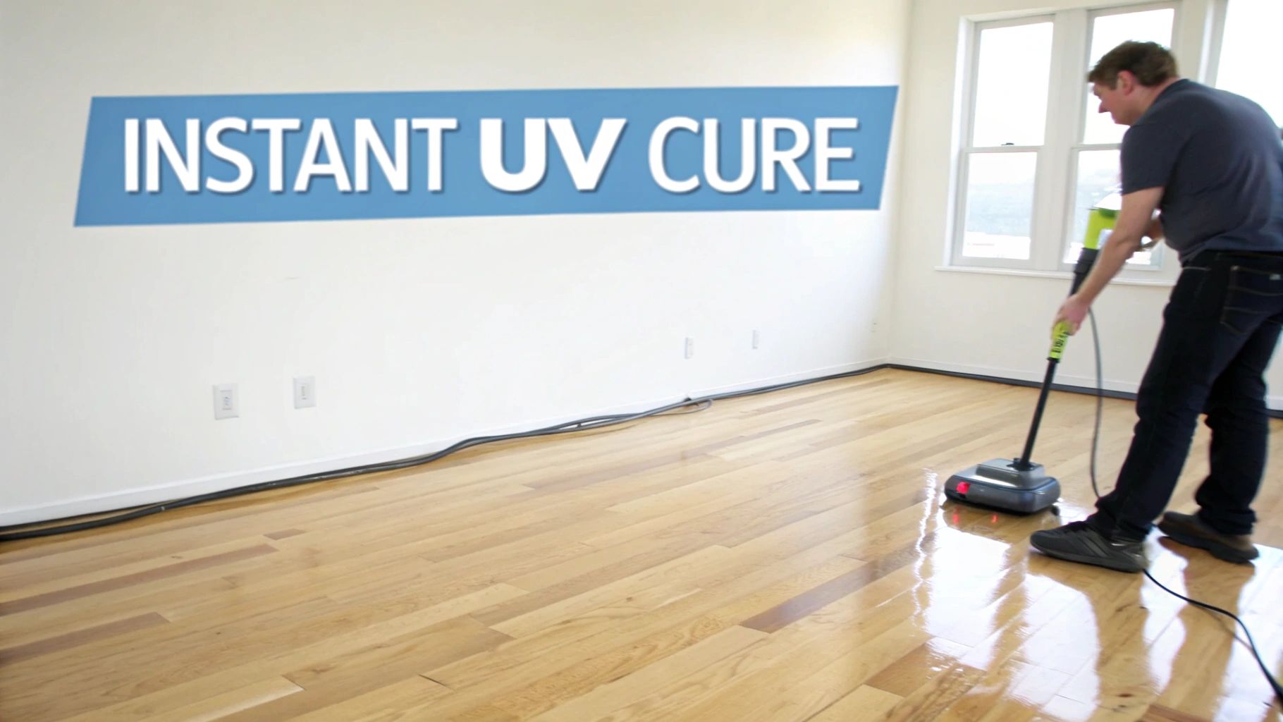 Professional worker applying UV cure coating to hardwood floor using floor buffer machine