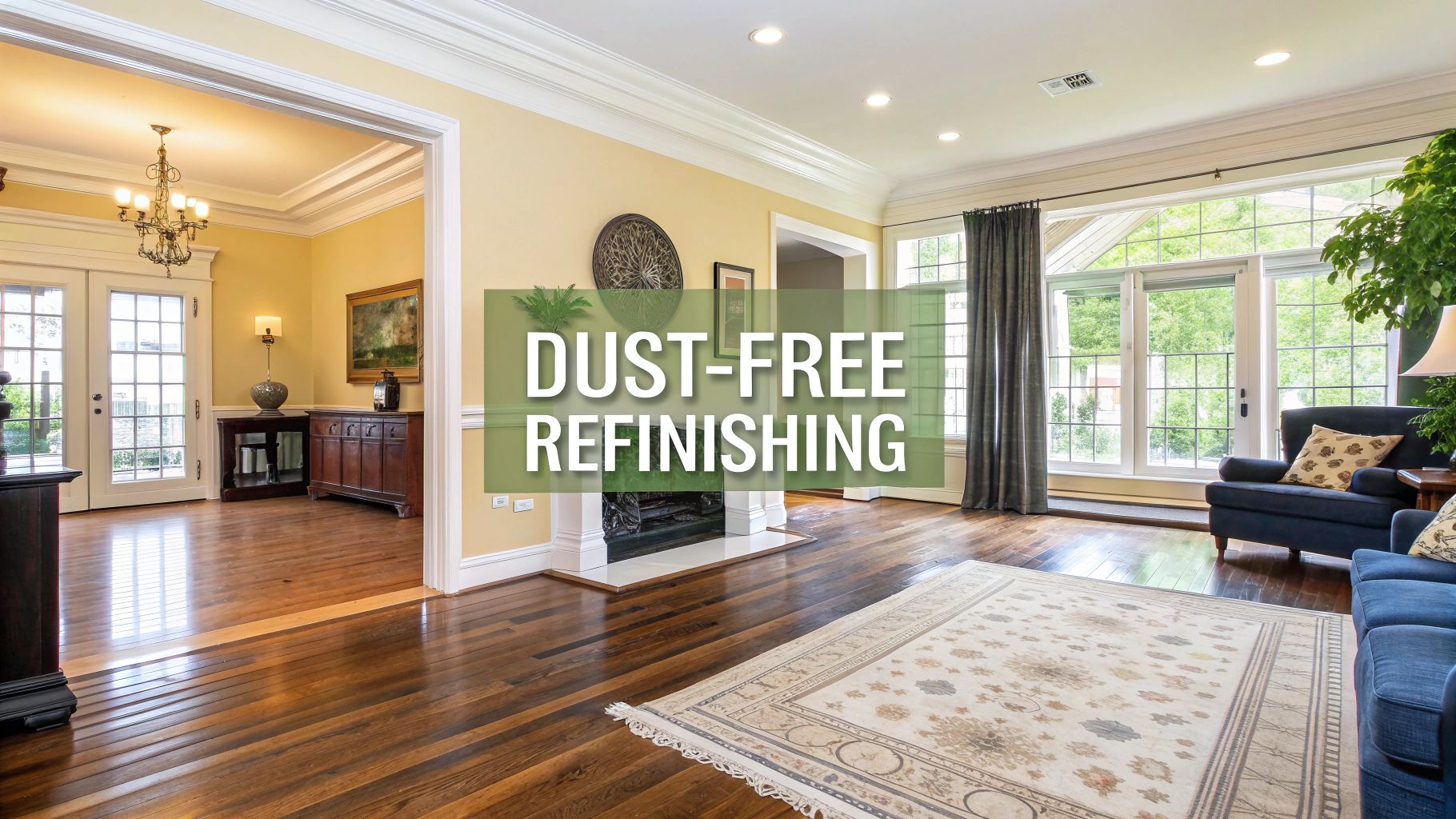 A modern living room in Head of the Harbor with beautifully refinished hardwood floors, demonstrating a clean, dust-free environment.