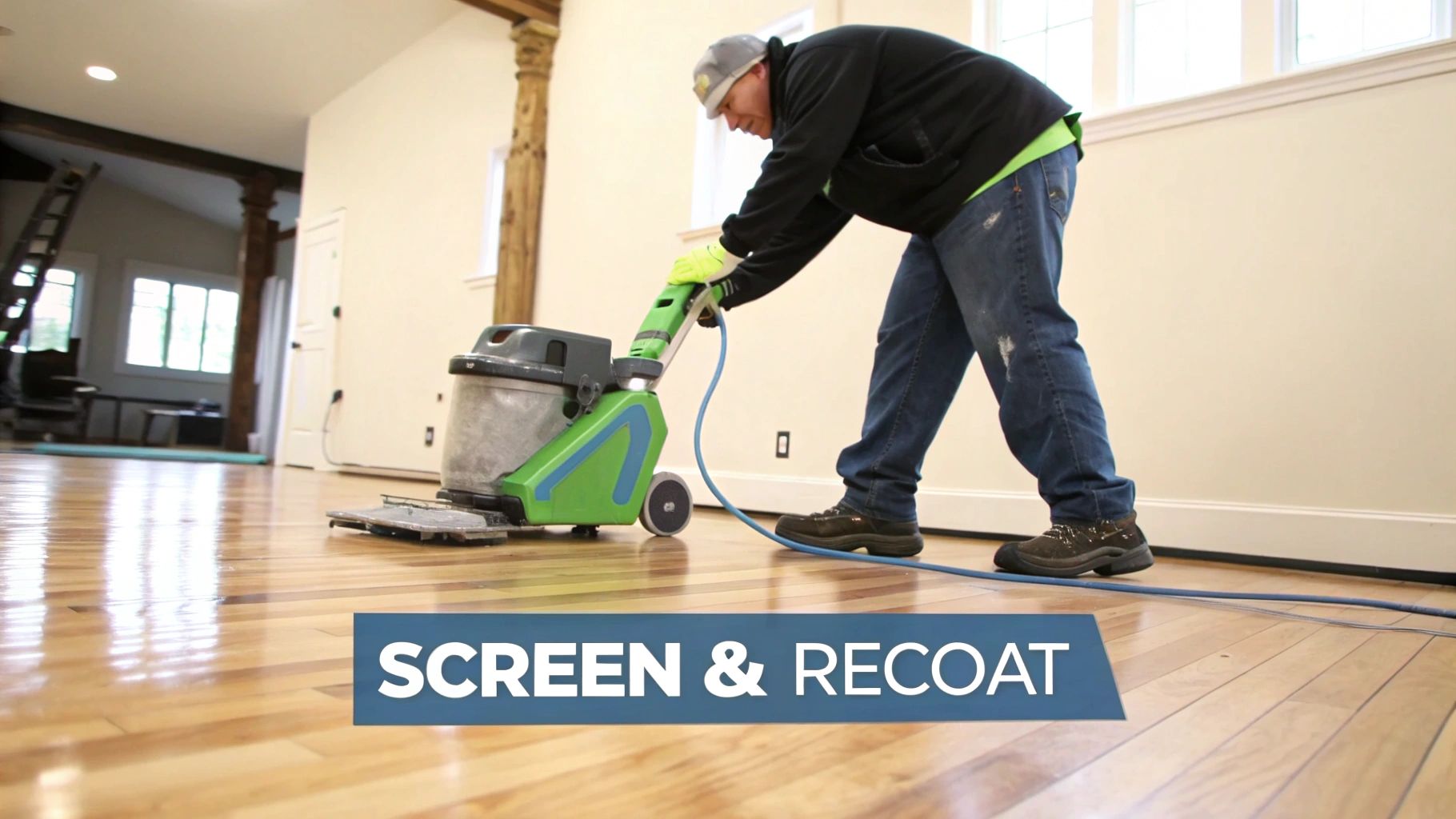 Professional worker using floor buffer machine to screen and recoat hardwood floors in residential home