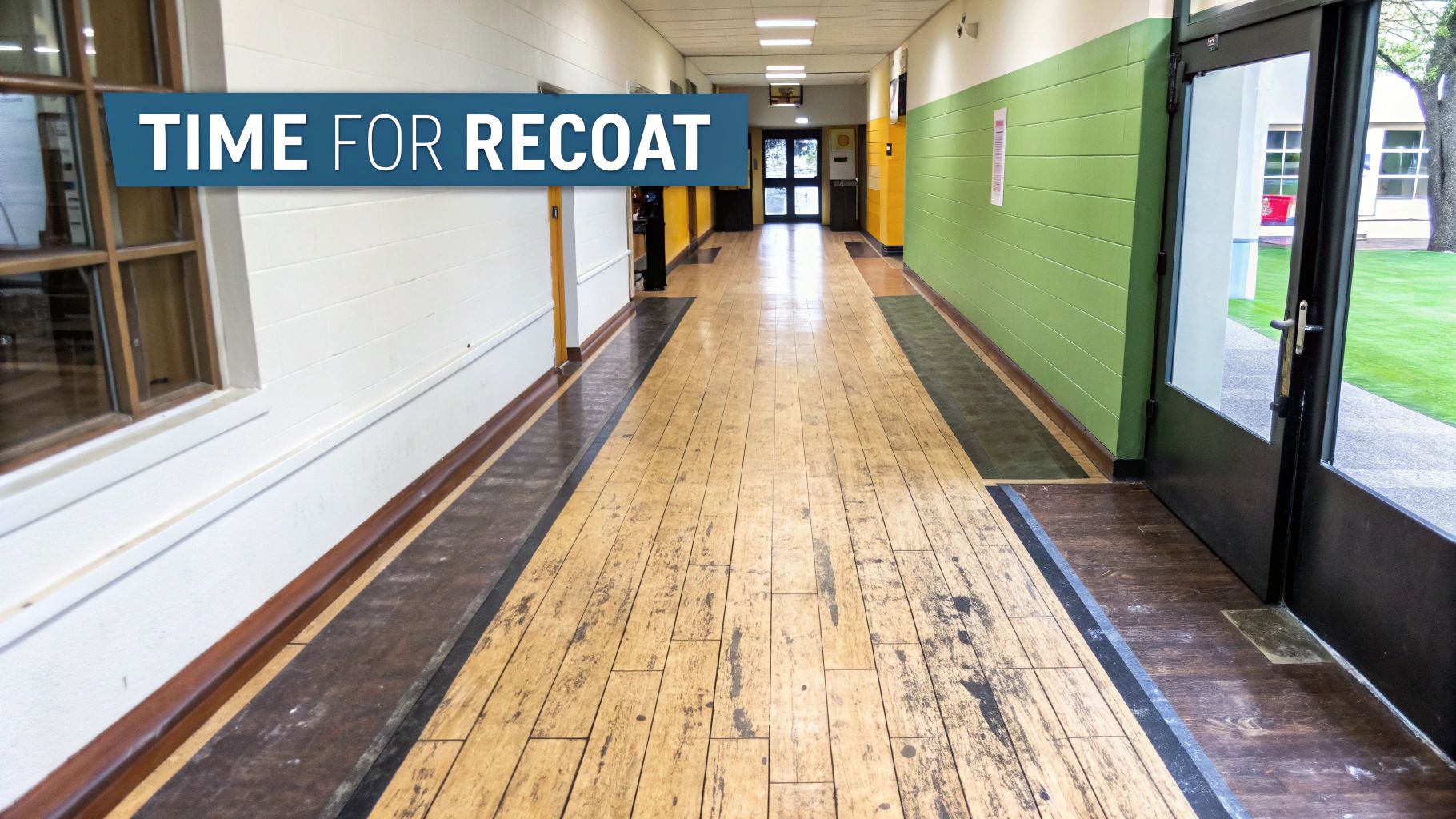 A long school hallway with a worn wooden floor needing recoating, highlighted by a 'TIME FOR RECOAT' banner.