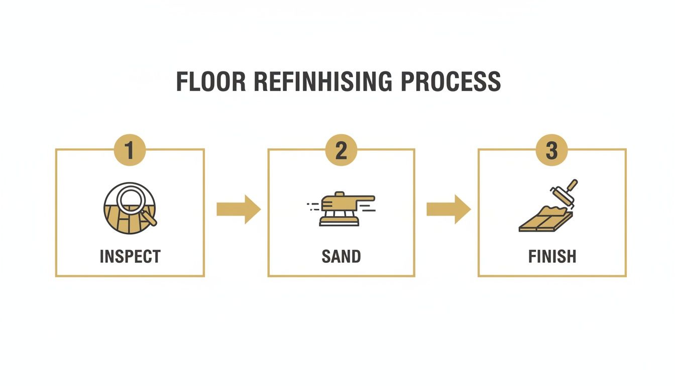 Visual guide outlining the three steps of the floor refinishing process: inspect, sand, and finish.