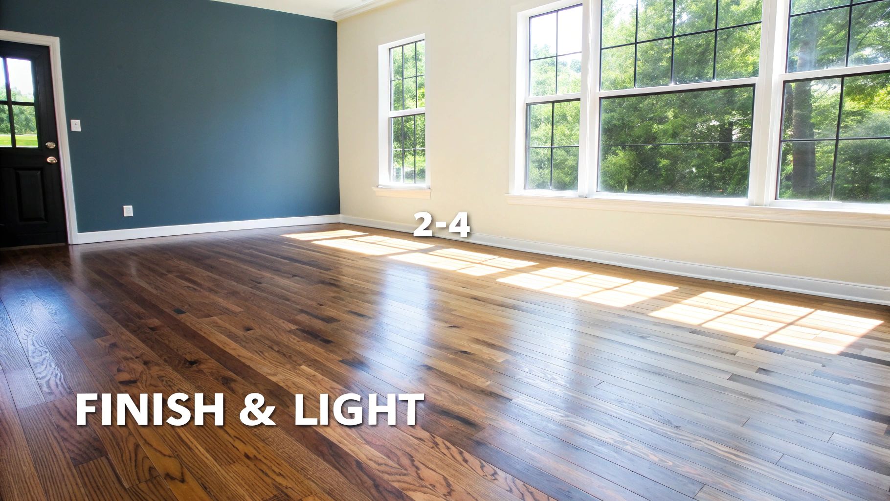 An empty room featuring a dark blue wall, light cream walls, bright windows, and shiny hardwood floors with sunlight.