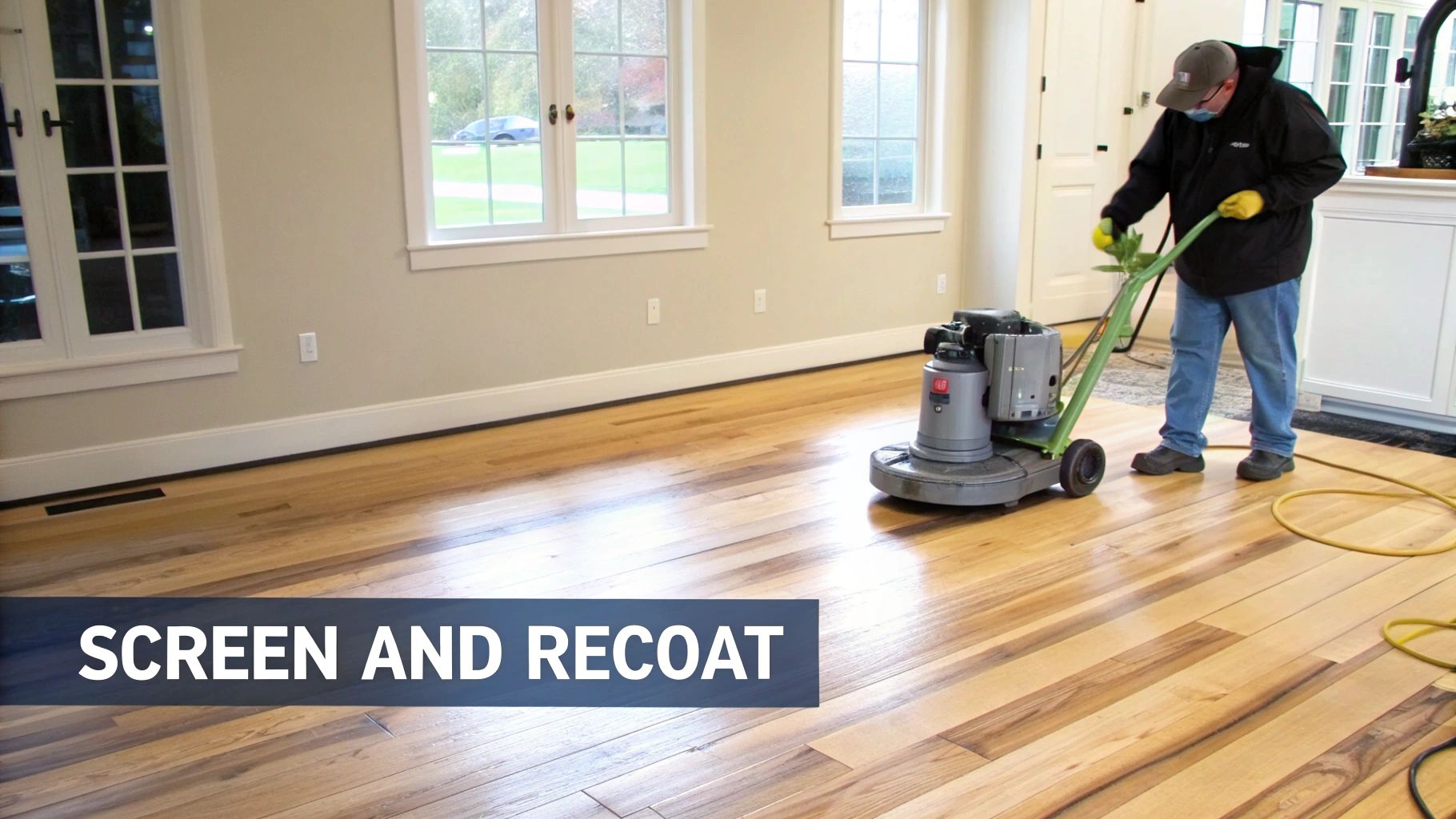 A technician applying a new topcoat of finish to a freshly screened hardwood floor, showing the restored shine.