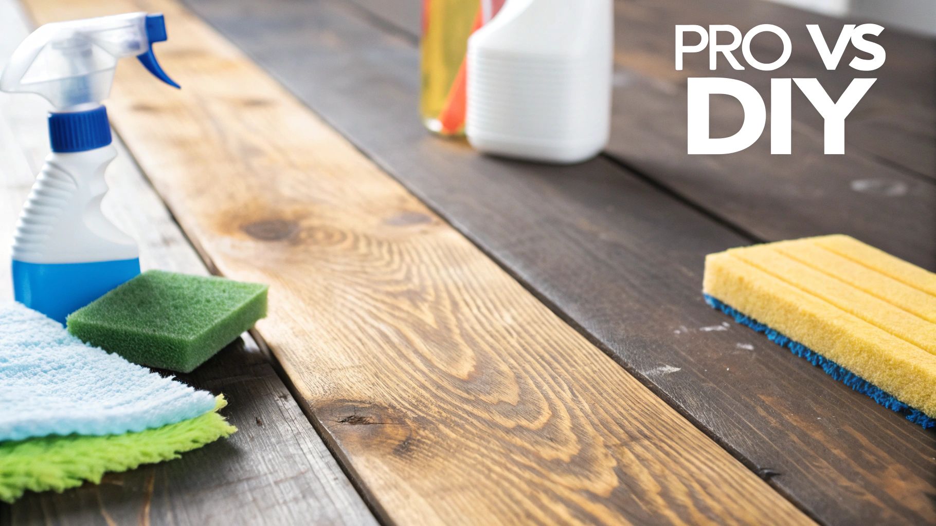 A bottle of cleaning solution and a microfiber cloth on a gleaming hardwood floor, symbolizing professional care versus DIY methods.