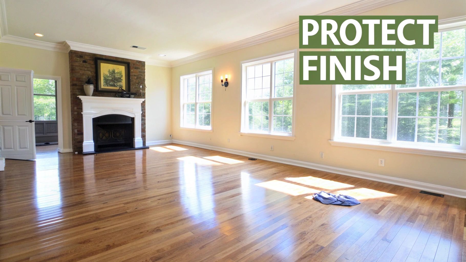 A spacious living room with gleaming hardwood floors, a brick fireplace, and large windows letting in sunlight.