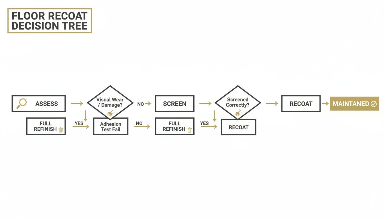 A decision tree flowchart for floor recoat, outlining steps for assessment, screening, and refinishing.