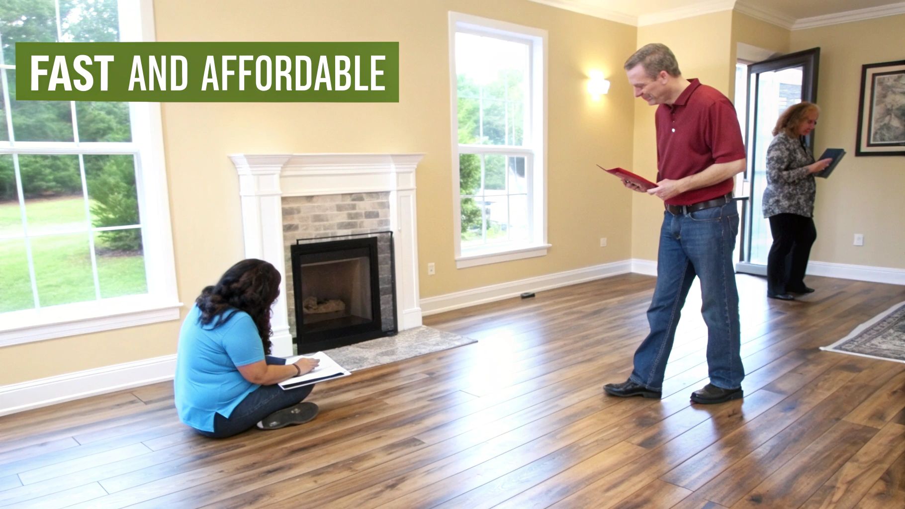 Professionals inspect a room with newly installed hardwood floors, a fireplace, and large windows.