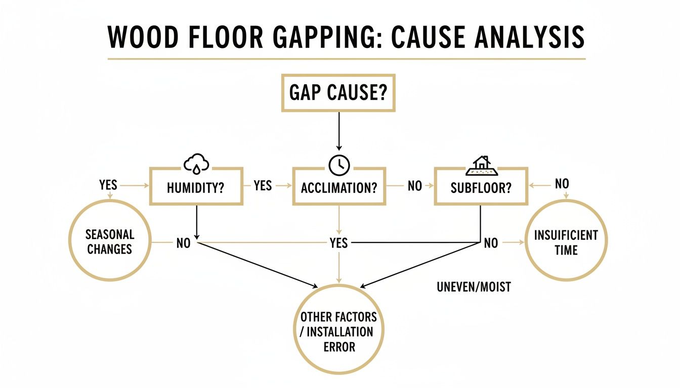 Flowchart analyzing wood floor gapping causes, including humidity, acclimation time, subfloor conditions, and installation errors.