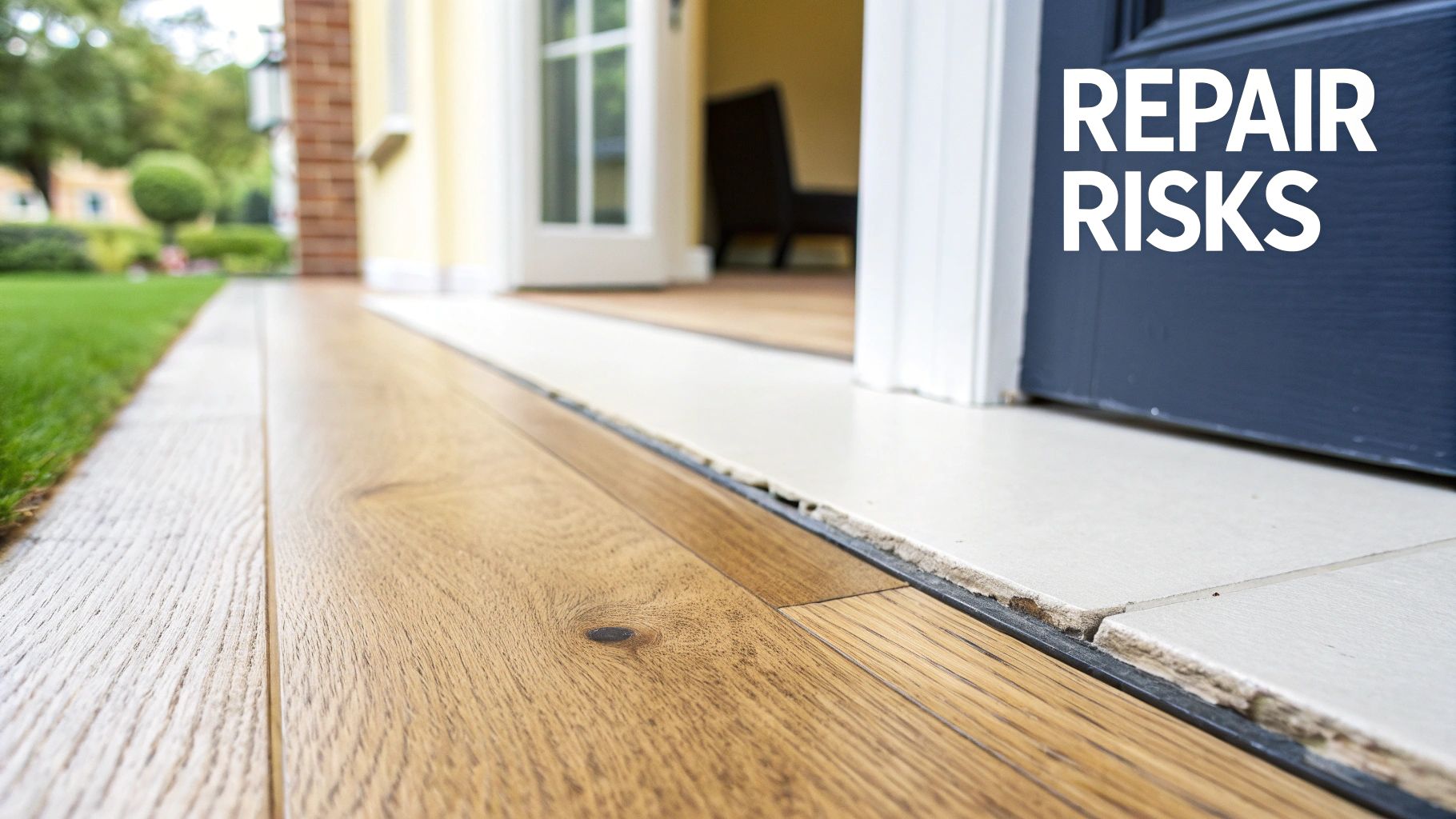 Close-up of a damaged transition between an engineered wood floor and a tiled floor, highlighting repair risks.