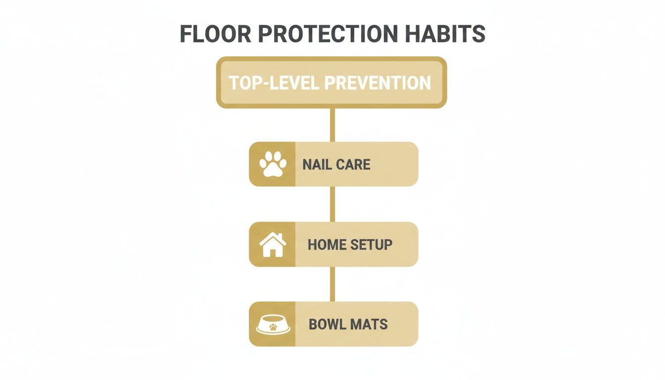Flowchart outlining floor protection habits, including nail care, home setup, and bowl mats.