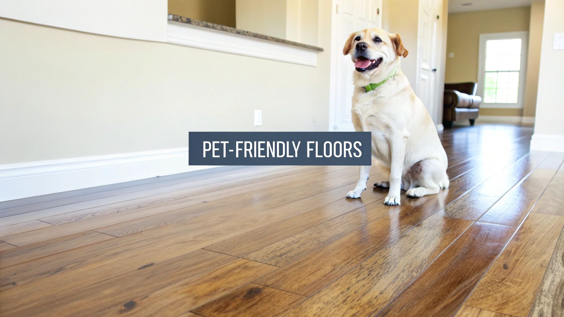 A golden retriever resting on a beautifully finished hardwood floor.
