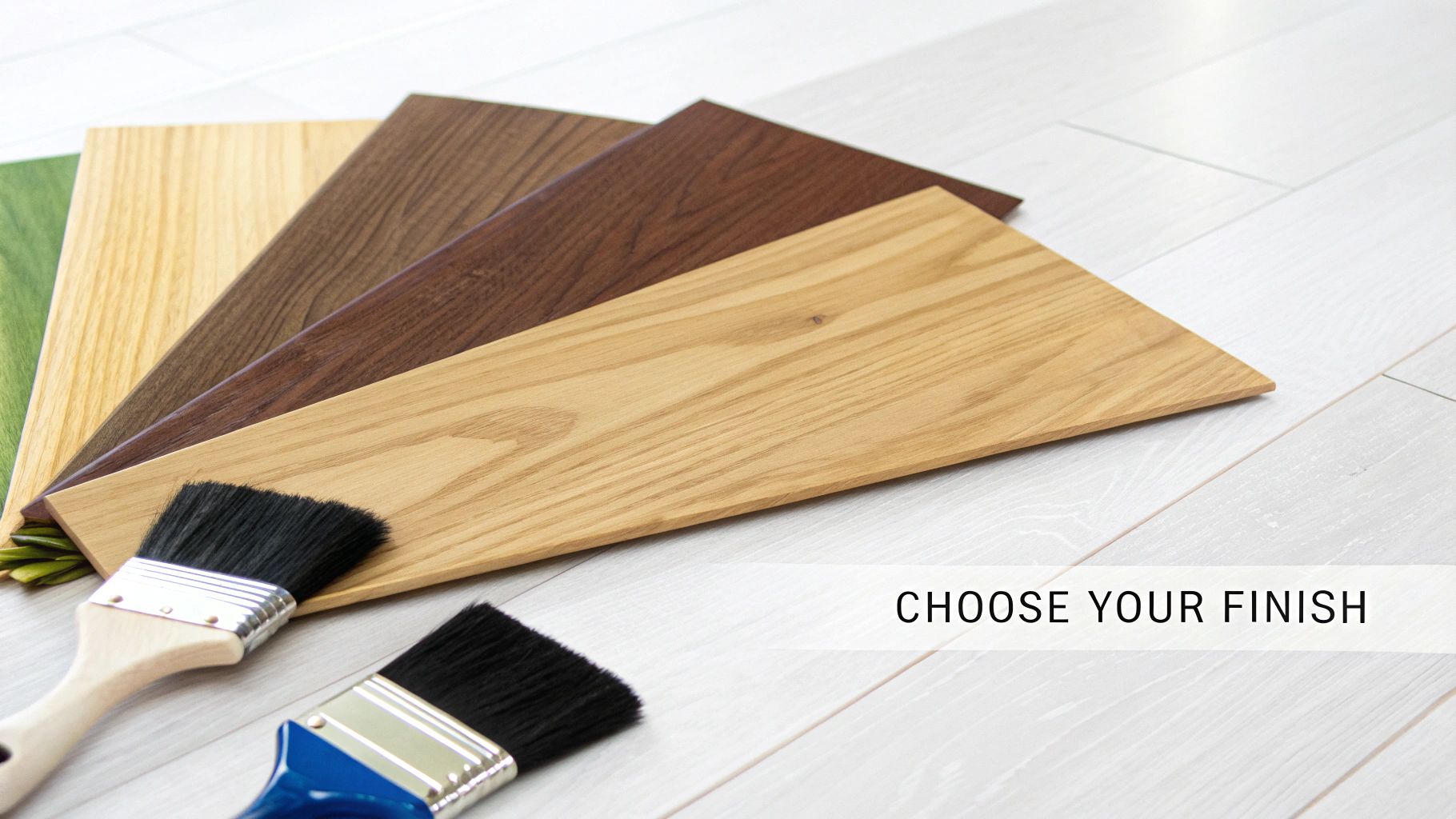 Multiple wood planks displaying different finishes, from light to dark, with paint brushes on a light floor, inviting choice.