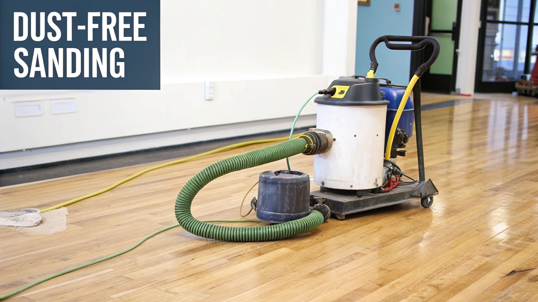A hardwood floor technician using a dust-free sanding machine, showing a clean work environment.