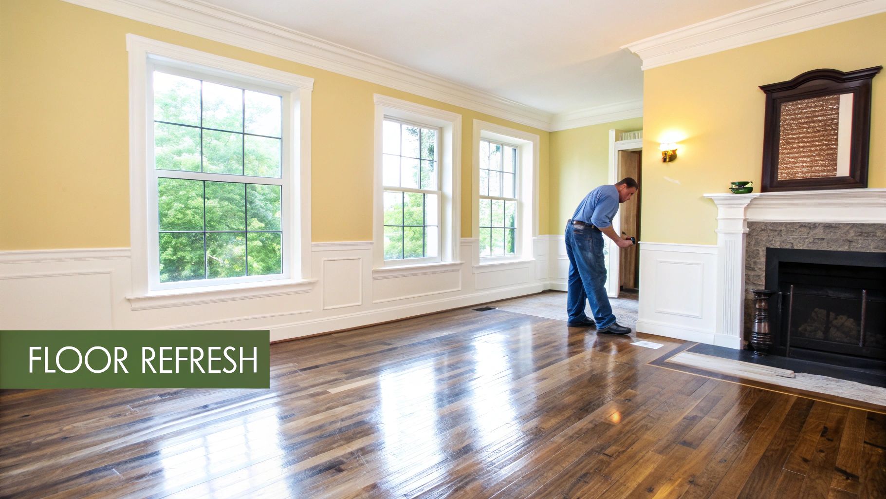 Man applying a finish to a newly recoated shiny hardwood floor in a bright living room.