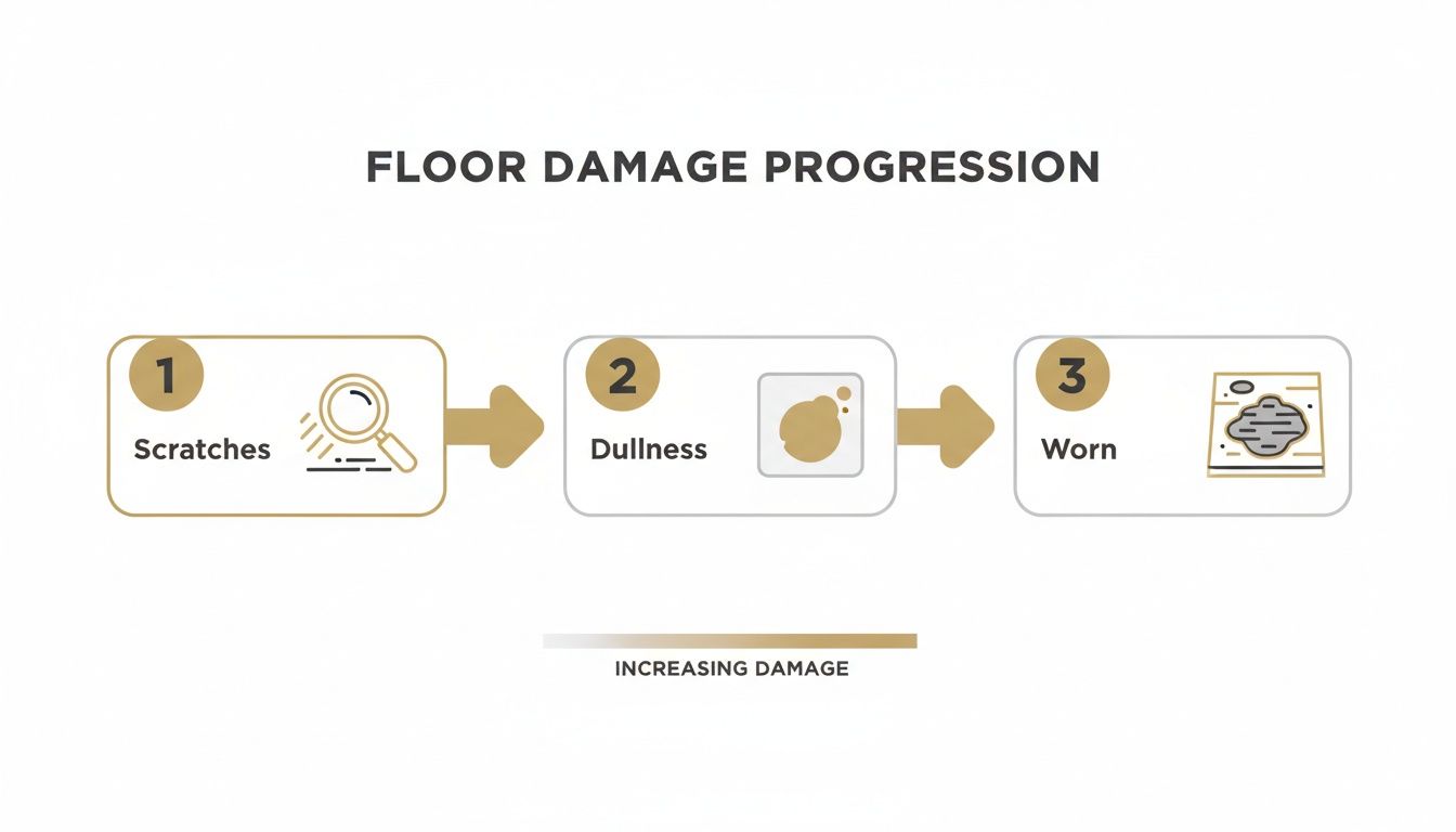 Infographic illustrating the progression of floor damage from scratches to dullness to a worn state.