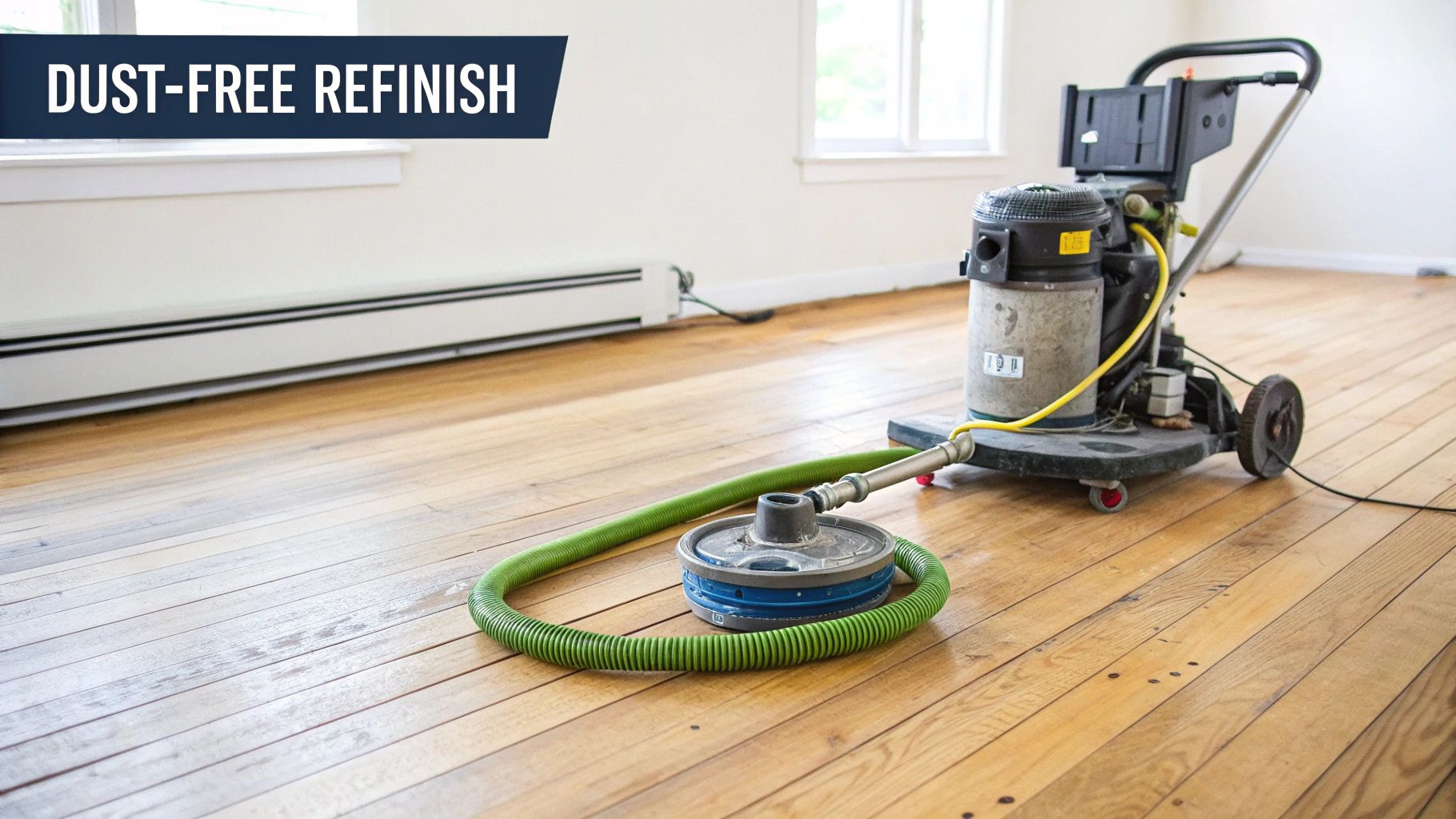 A dust-free floor sanding machine with a green hose sits on worn hardwood floors in a room.