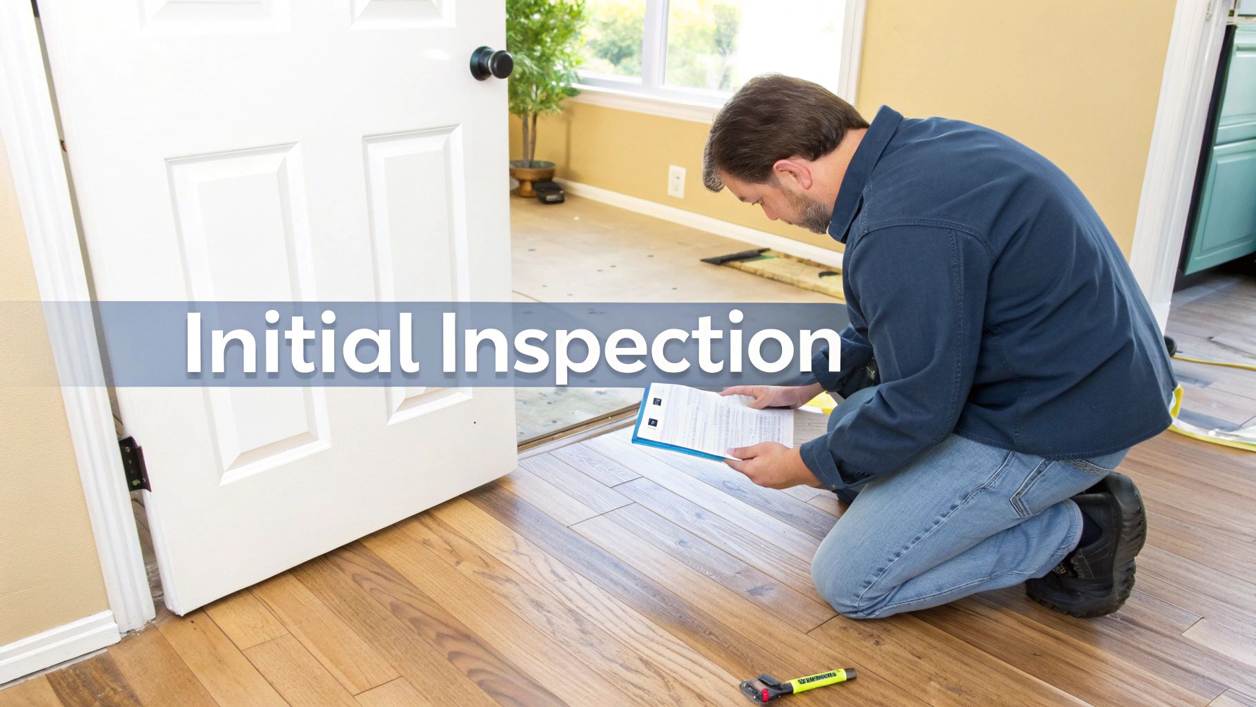 A hardwood flooring specialist inspecting a worn wooden floor with a magnifying glass.