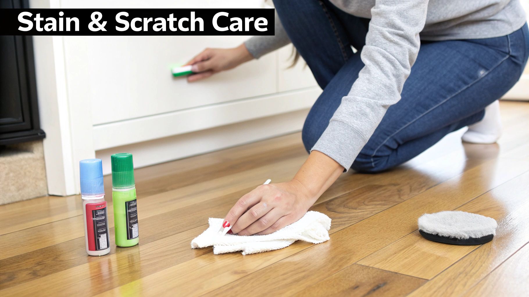 A person kneels on a hardwood floor, cleaning it with a white cloth and products.