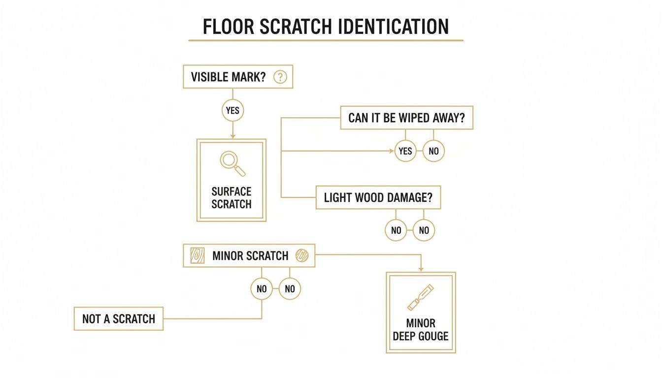 Flowchart detailing the identification process for various floor scratch types: surface, minor, and deep gouge.