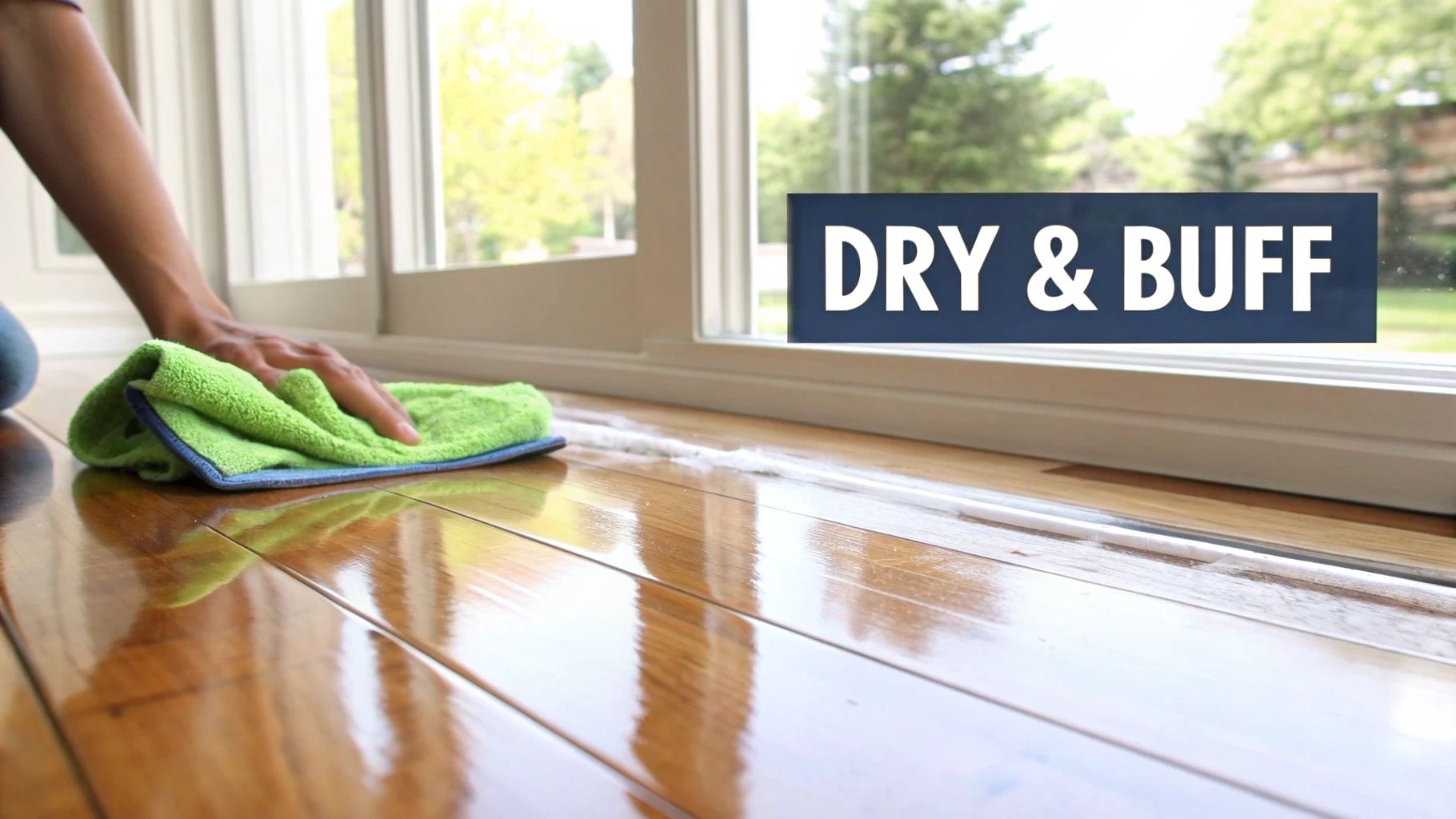 A professional applying a new finish to a hardwood floor, showing the difference between the old and new sections.