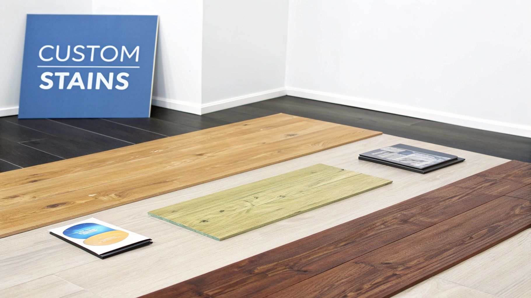 Various wood flooring samples in different stains and colors, displayed with a 'Custom Stains' sign.