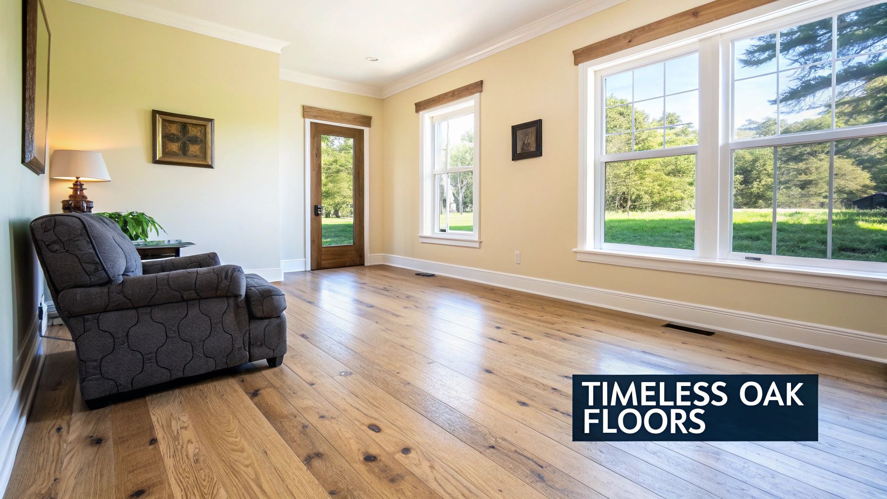 A bright room with light yellow walls, large windows, an armchair, and beautiful oak floors.