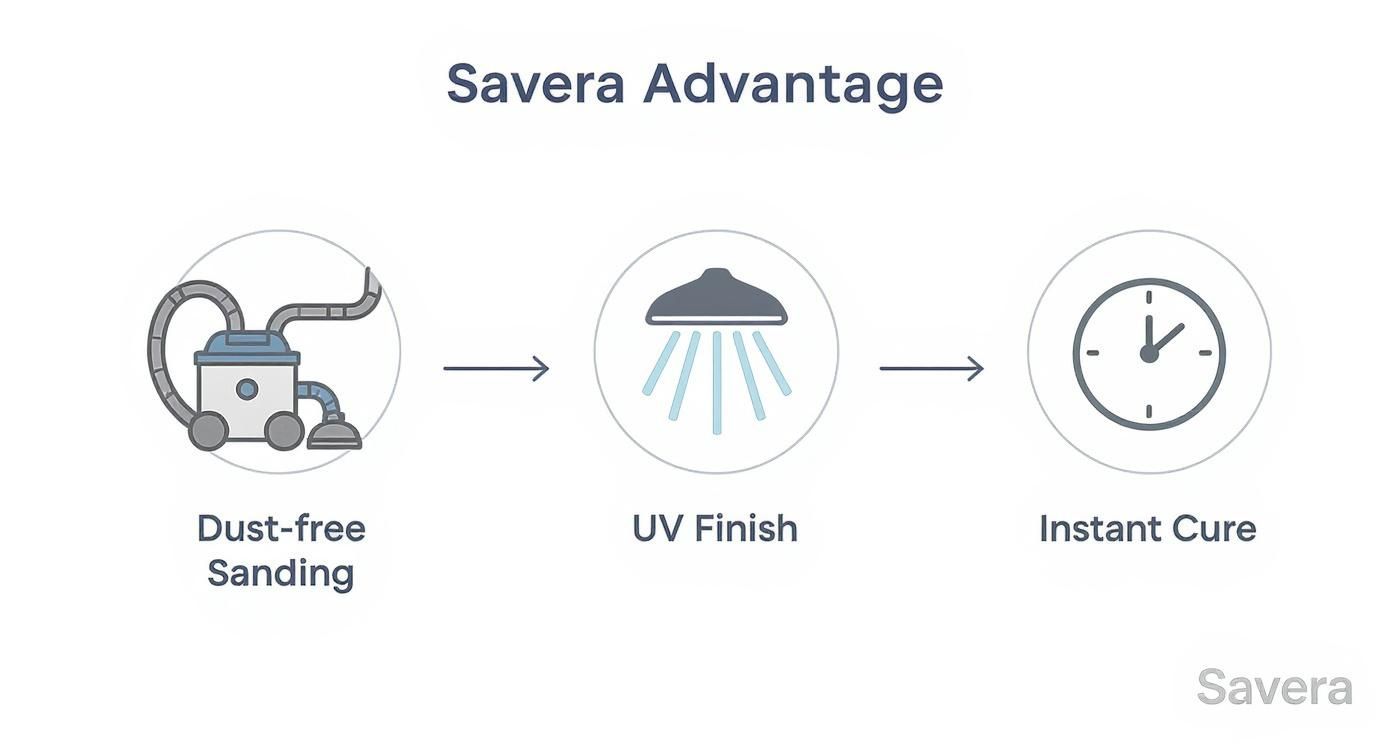 Infographic showcasing the Savera Advantage process: Dust-free Sanding, UV Finish, and Instant Cure.