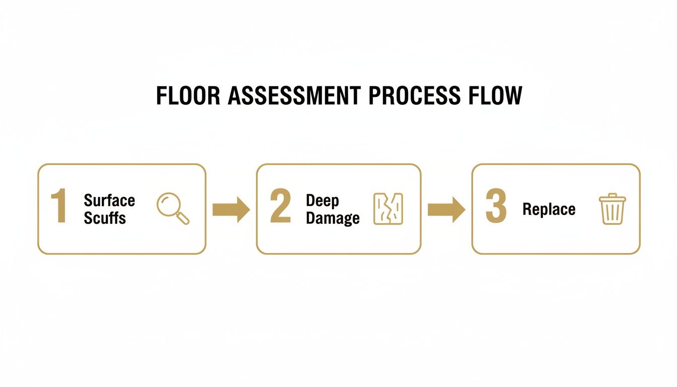 A diagram illustrates a 3-step floor assessment process: surface scuffs, deep damage, and replace.