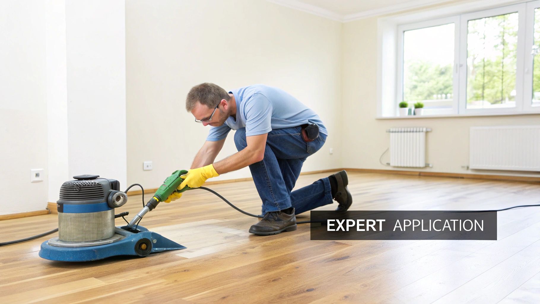 Man in yellow gloves uses a floor sanding machine to refinish a light wooden floor, demonstrating expert application.
