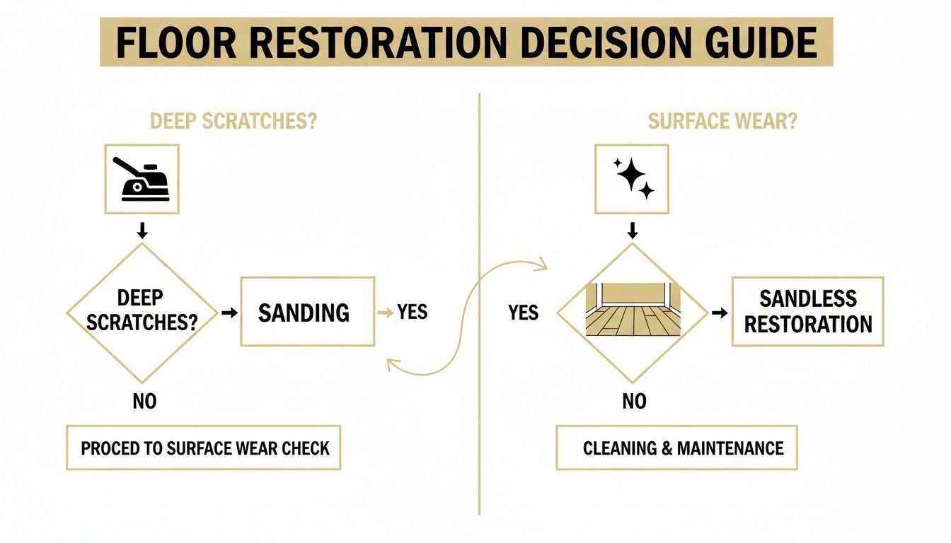 A flowchart decision guide for floor restoration, addressing deep scratches and surface wear.