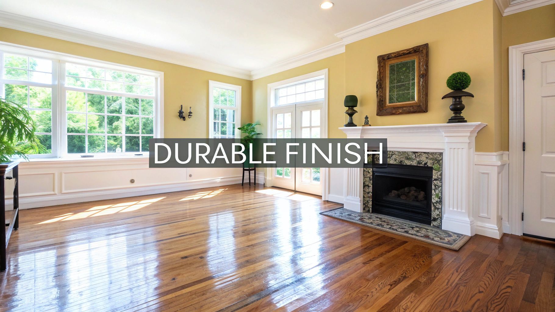 A beautifully refinished hardwood floor with a satin polyurethane finish, reflecting natural light from a nearby window.