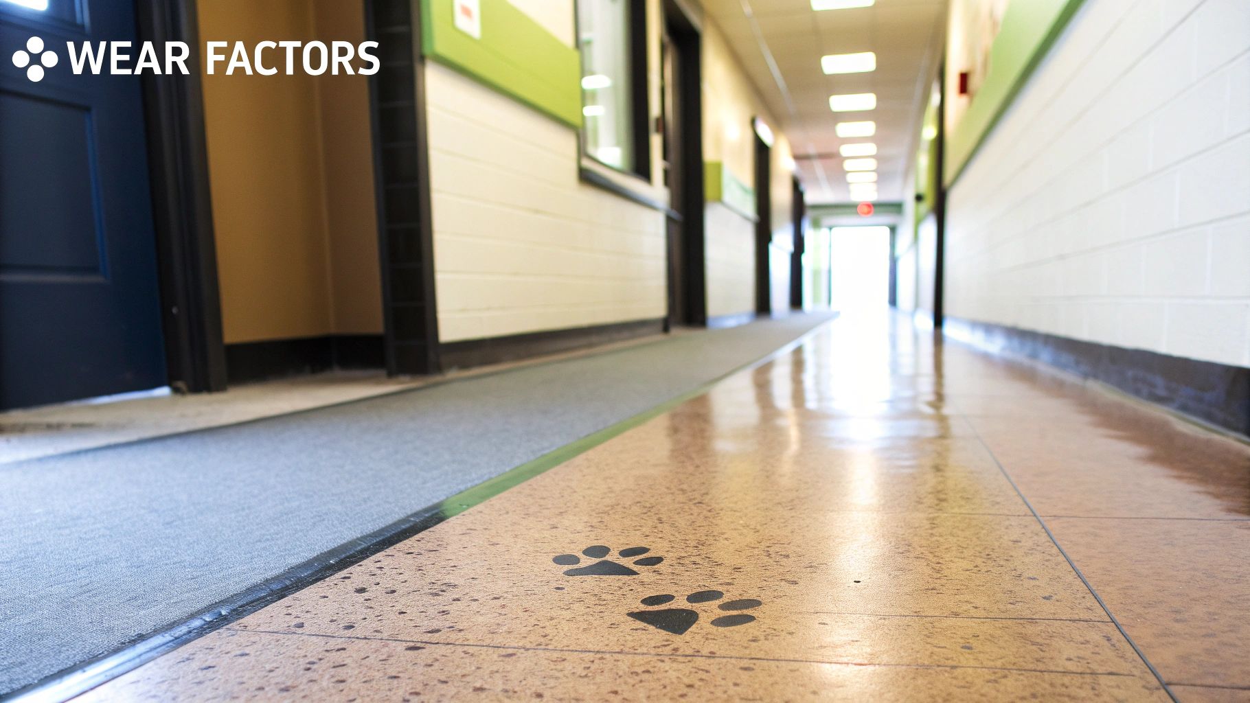 A brightly lit school hallway with a carpet runner leading down a corridor with paw print tiles.