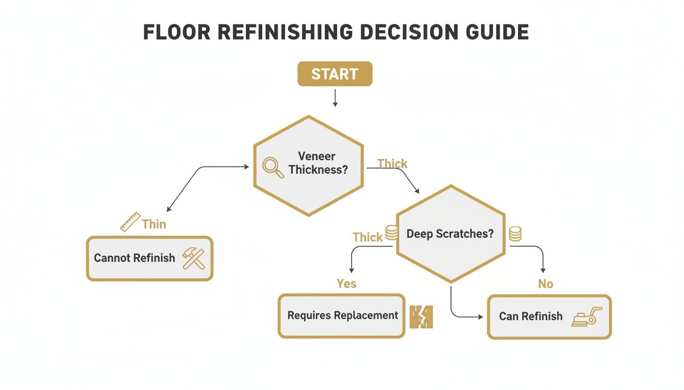 A floor refinishing decision guide flowchart, assessing veneer thickness and deep scratches for repair options.