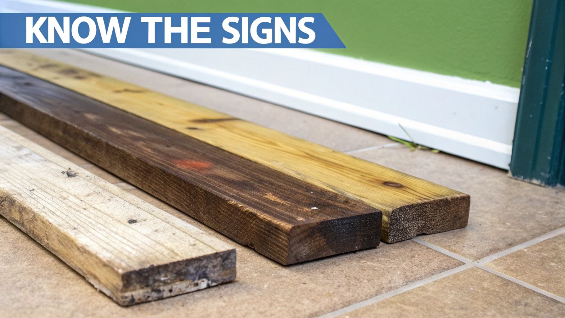 A detailed view of a water-damaged wood floor showing cupping and dark discoloration.