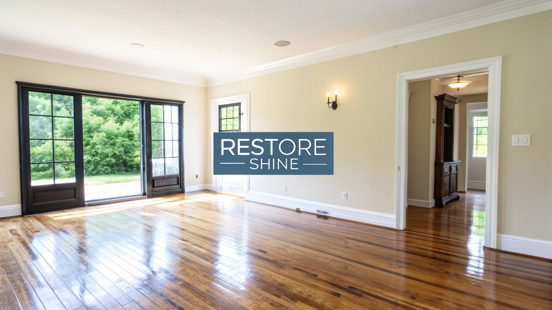 An empty, bright room with shiny, polished hardwood floors reflecting light, leading to a green outdoor view.