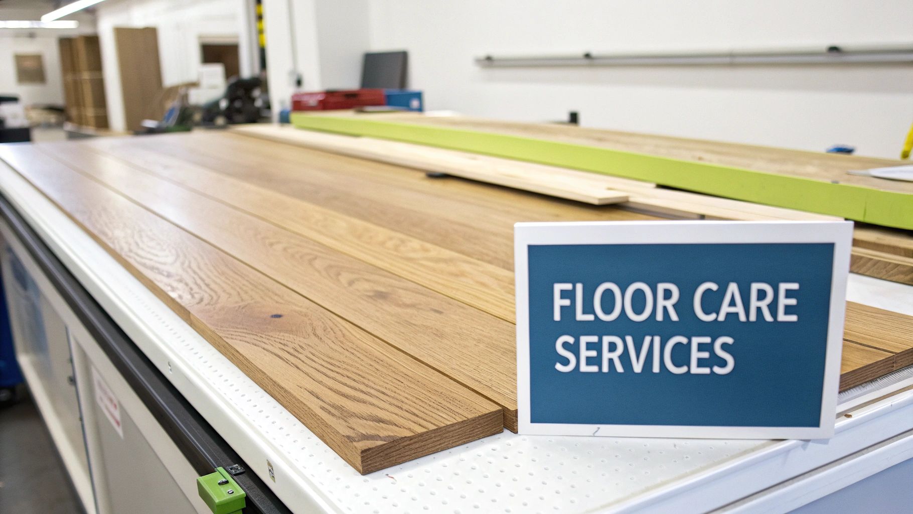 A sign on a table displays 'FLOOR CARE SERVICES' next to several planks of light brown hardwood flooring.