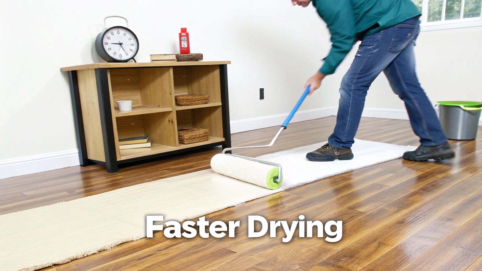 A person applies a product with a large roller to a white runner rug on a wooden floor, with text 'Faster Drying'.