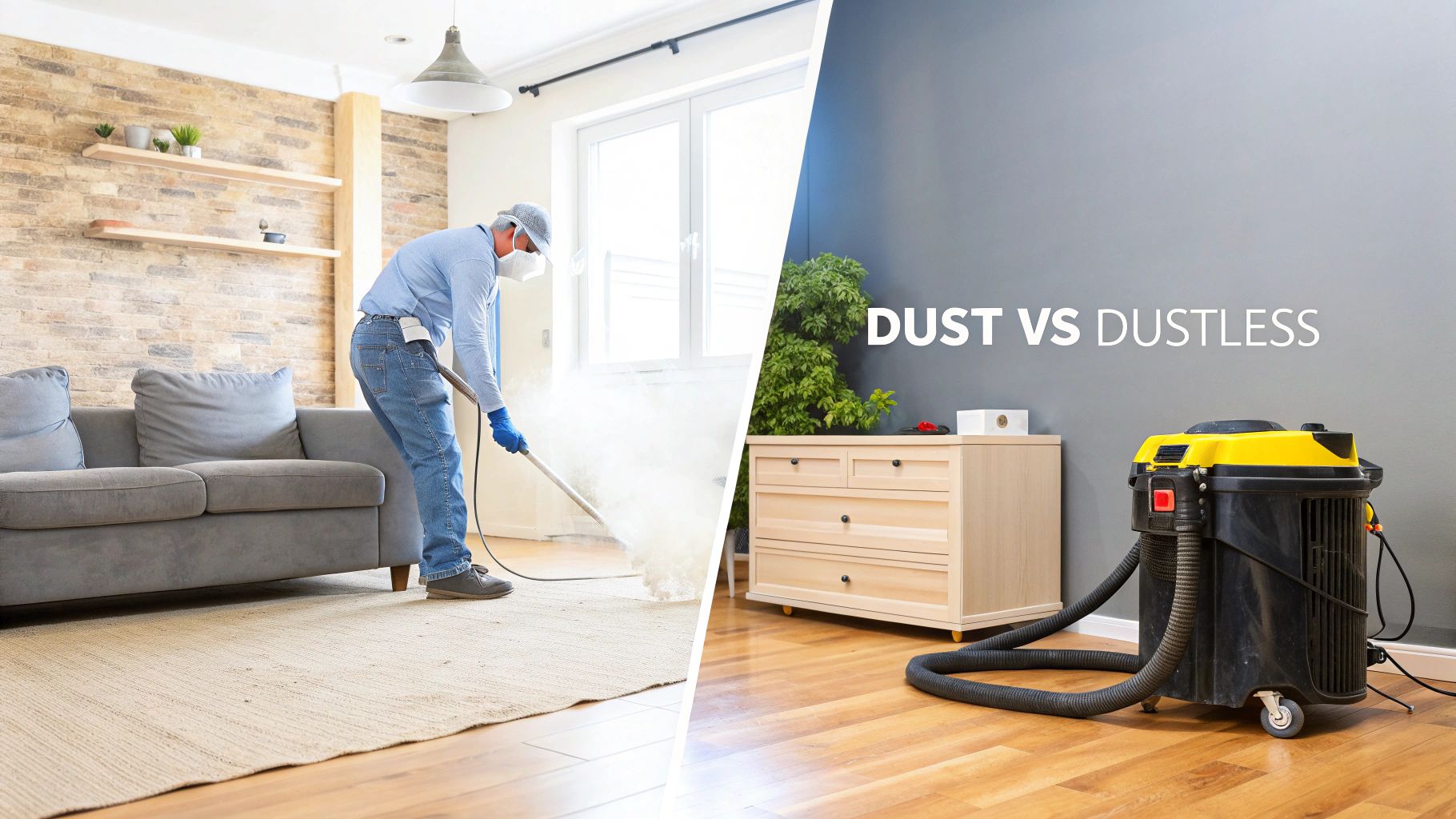 Comparison of dusty floor work on the left and a clean, dustless floor with a vacuum on the right.