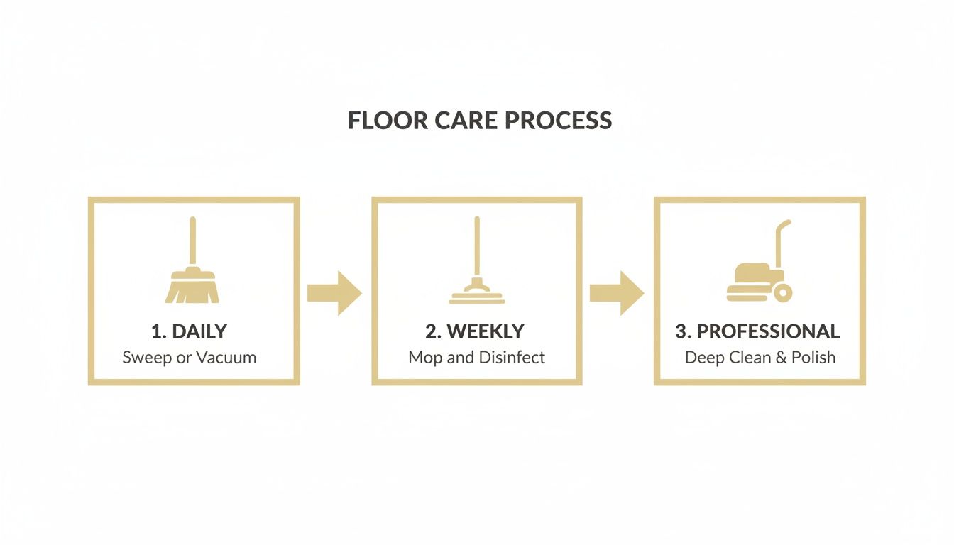 Infographic showing a 3-step floor care process: daily sweeping, weekly mopping, and professional deep cleaning.