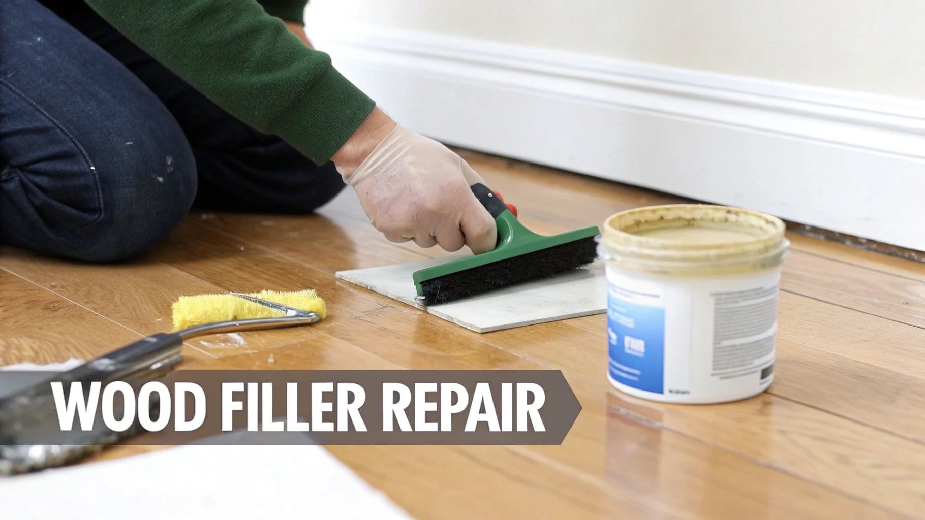 A person in gloves uses a brush to apply wood filler to repair a scratch on a hardwood floor.