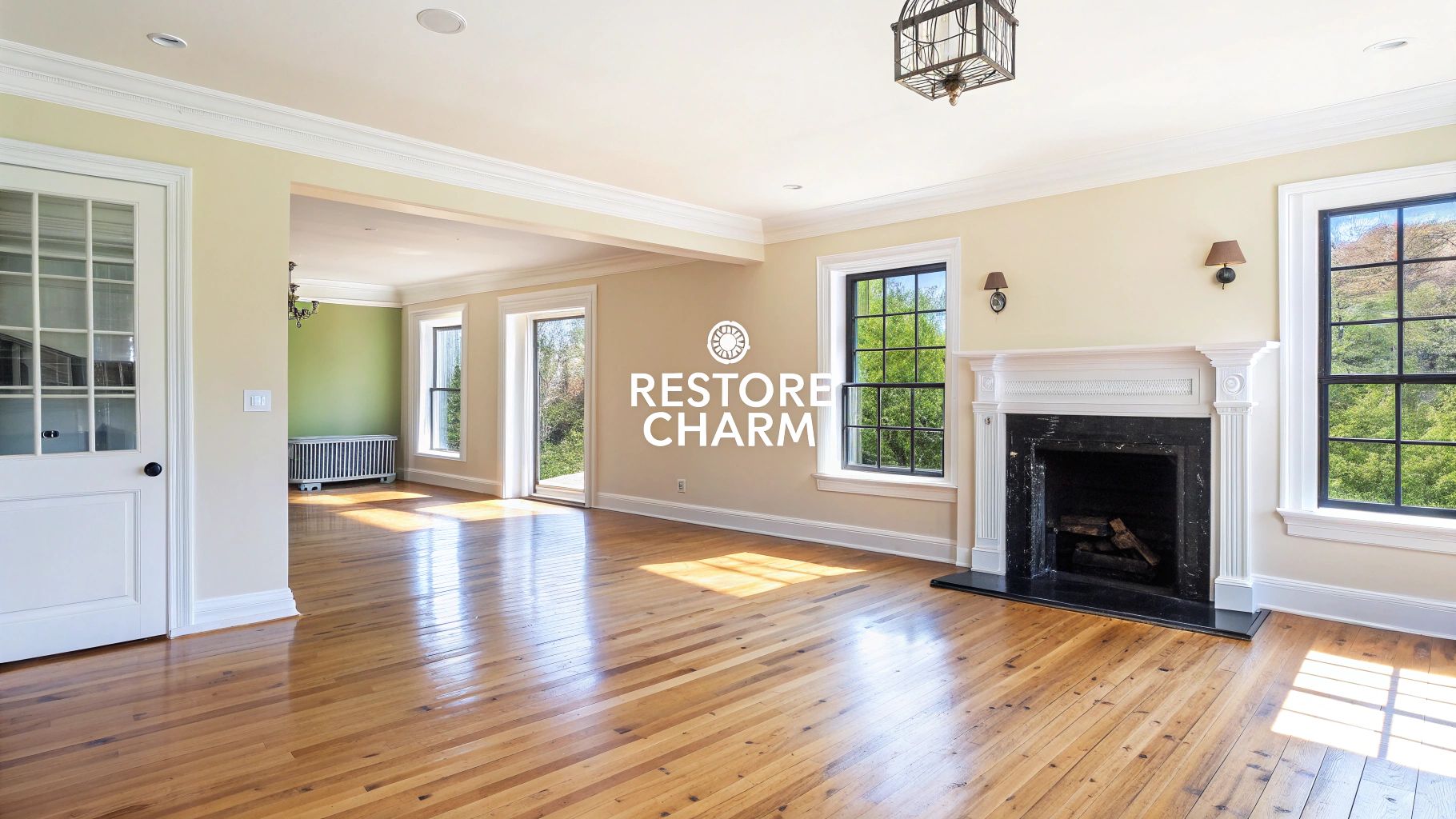 A bright, empty room with newly refinished hardwood floors, yellow walls, and a fireplace.