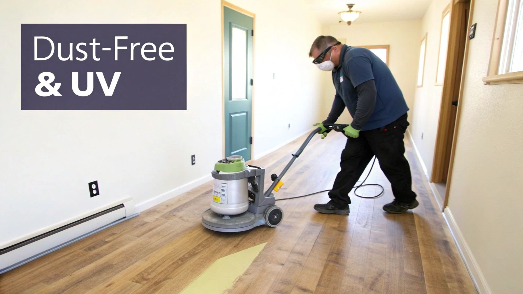 Man using a floor buffer to refinish hardwood floors, ensuring a dust-free and UV-cured finish.
