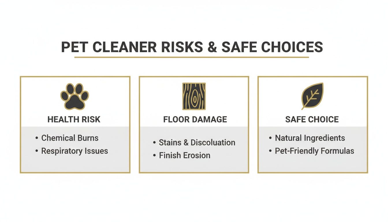Infographic outlining pet cleaner health risks like chemical burns, floor damage, and safe choices with natural ingredients.
